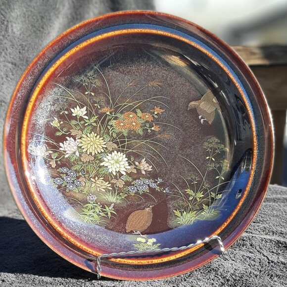 VTG  Serving Platter Grouse Birds Flowers Iridescent Pattern Japan Round 12" D - Picture 6 of 14